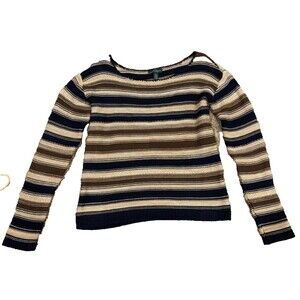 Lauren Ralph Lauren Jeans Co Cotton Boatneck Striped Sweater Women's S Navy Tan